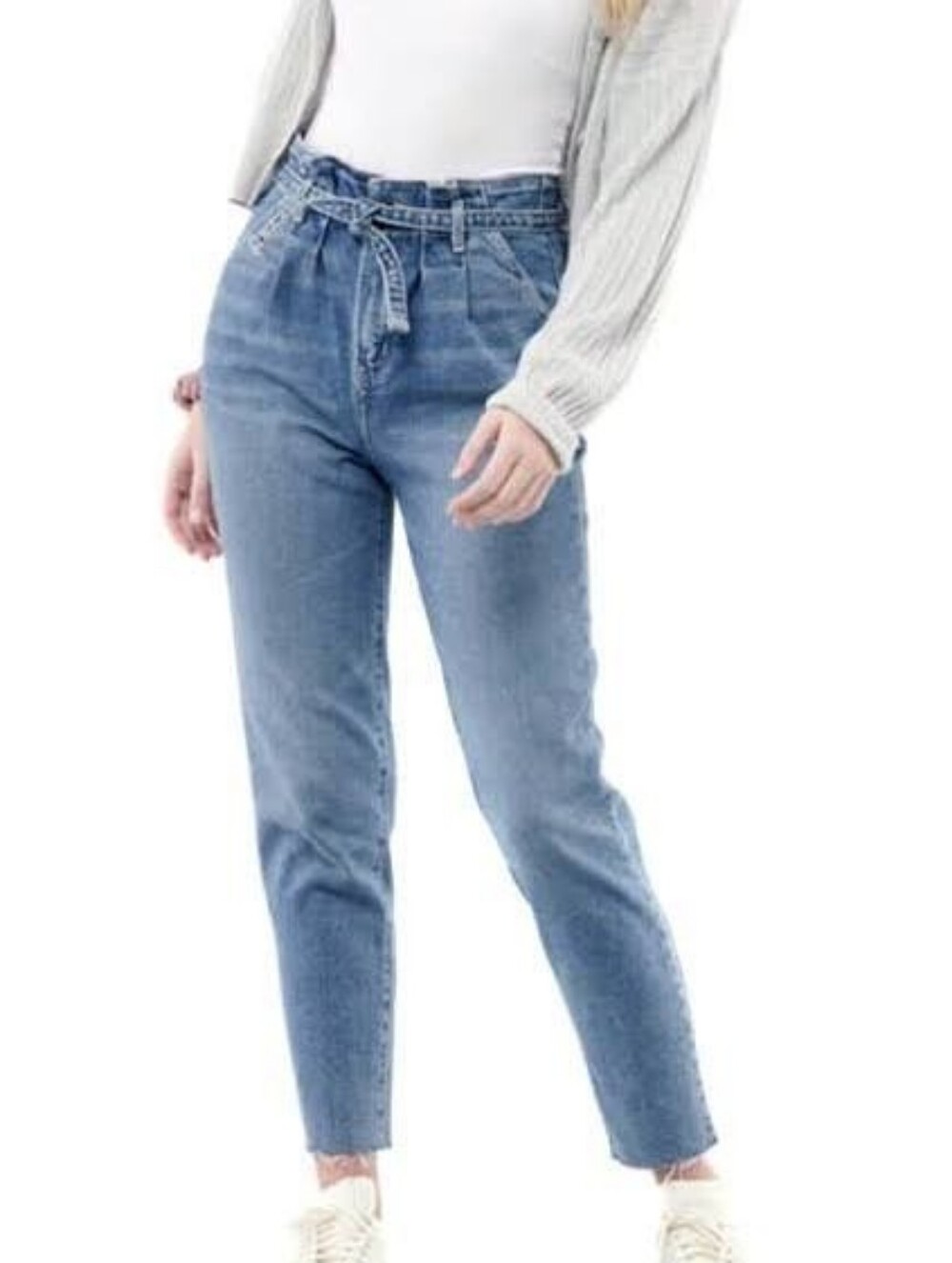 Hollister High Rise Paperbag Mom Jeans Belted Frayed Hem W24 Petite